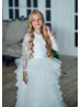 Long Sleeves Ivory Lace Tulle Ruffled Flower Girl Dress